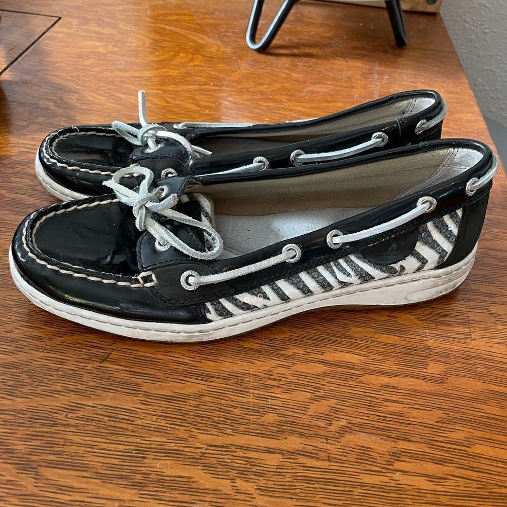 Sperry Sequin Black Leather Top Siders Size 8M EUC